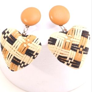 Raffia Woven Folk Heart Drop Earrings
